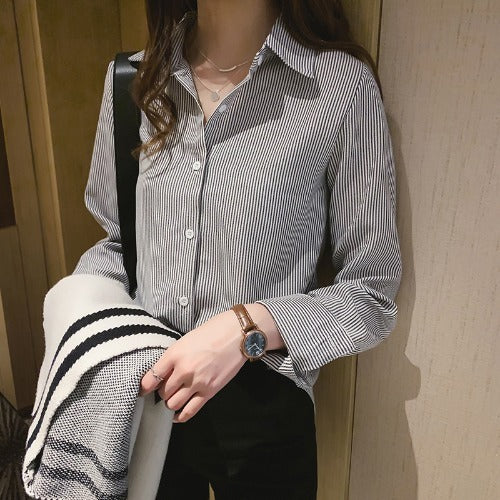 Chemise Femme Printemps Style Coréen – Décontractée, Étudiante, à Manches Longues, à Rayures Verticales, Coupe Lâche