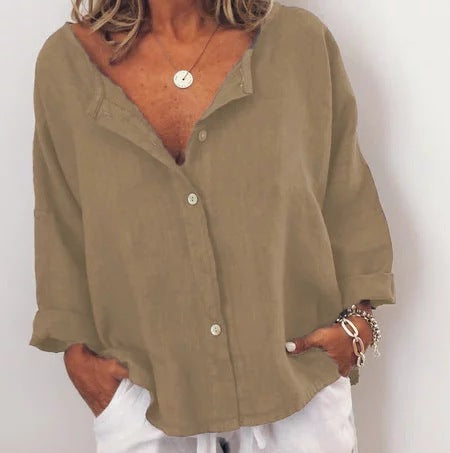 Chemise femme en lin – Sans col, à boutons contrastés