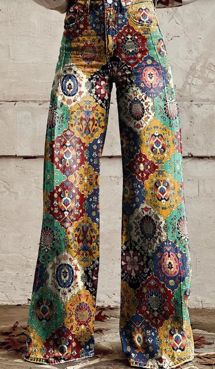 Pantalon large à taille haute quotidienne avec poches et motif