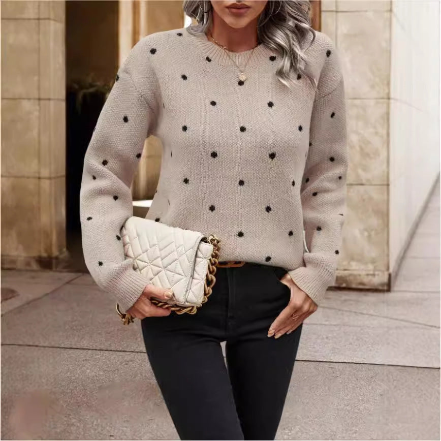 Pull-Over à Manches Longues en Jacquard à Pois – Col Rond Tendance