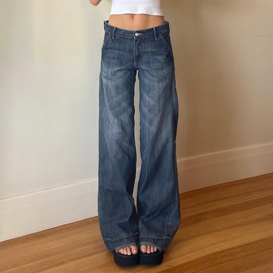 Jeans Femme Taille Basse – Effet Usé, Blanc et Bleu, Coupe Droite, Facile à Assortir