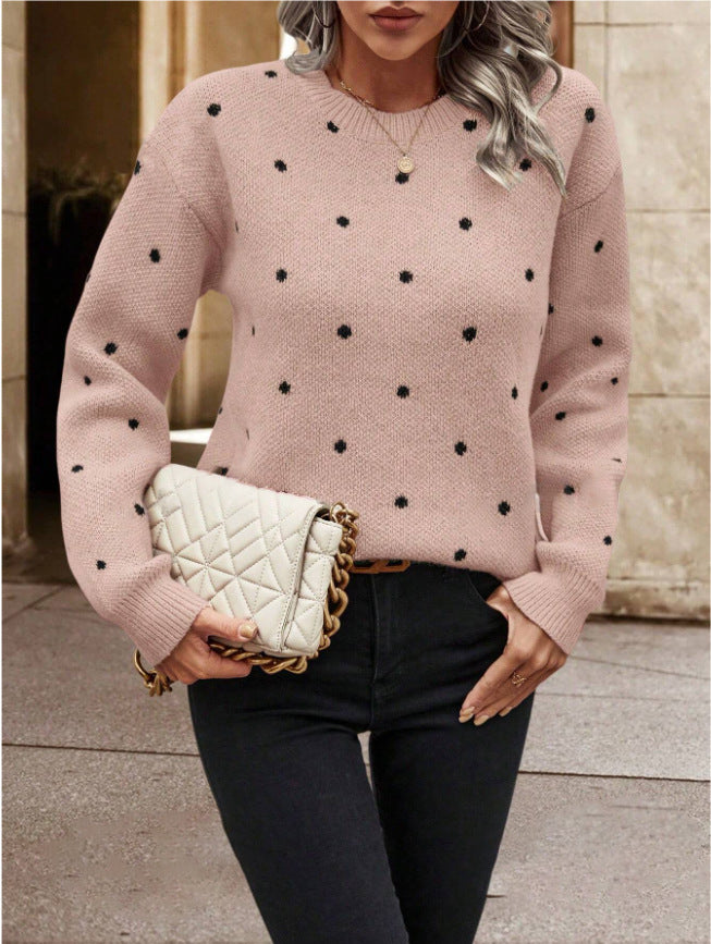 Pull-Over à Manches Longues en Jacquard à Pois – Col Rond Tendance