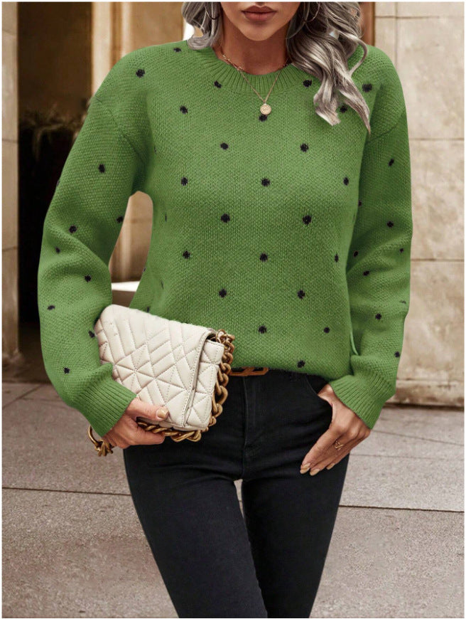 Pull-Over à Manches Longues en Jacquard à Pois – Col Rond Tendance