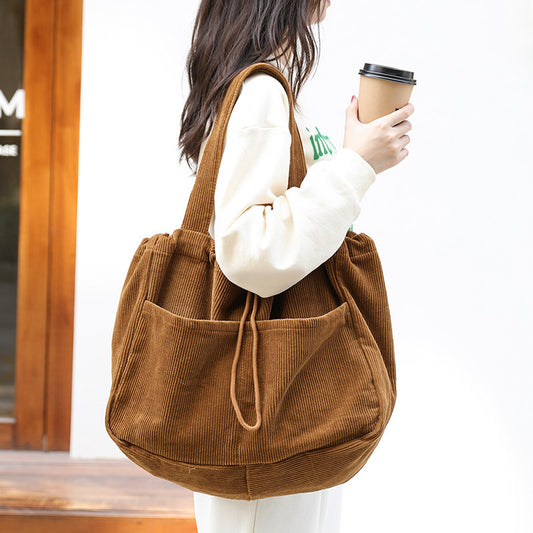 Sac à Épaule en Velours Côtelé avec Cordons et Multipoches – Sac à Main Sous-Bras pour Femme
