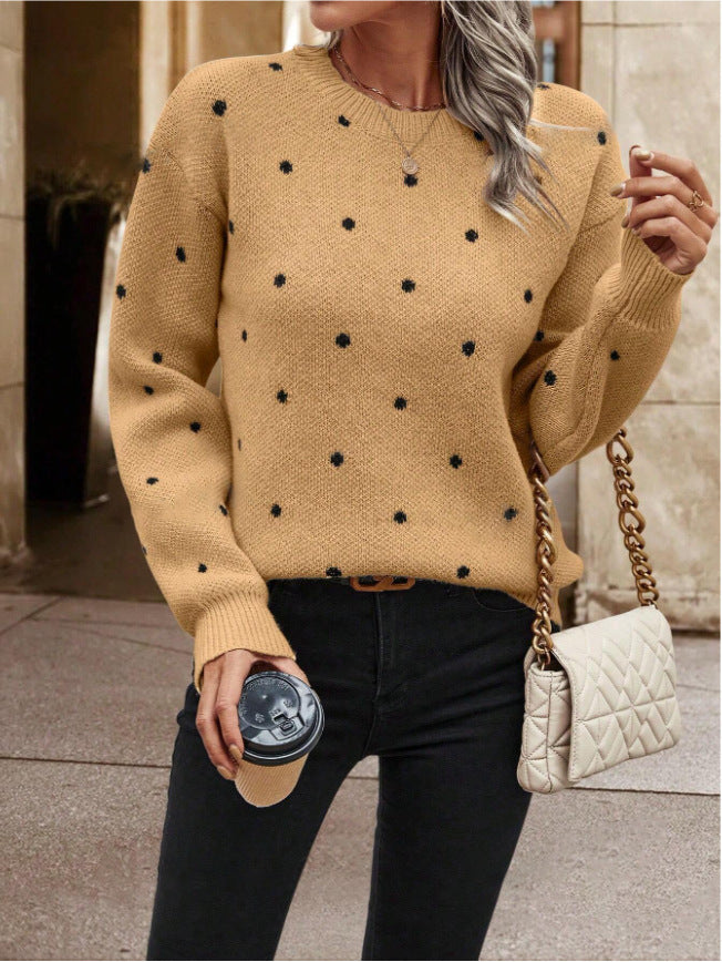 Pull-Over à Manches Longues en Jacquard à Pois – Col Rond Tendance