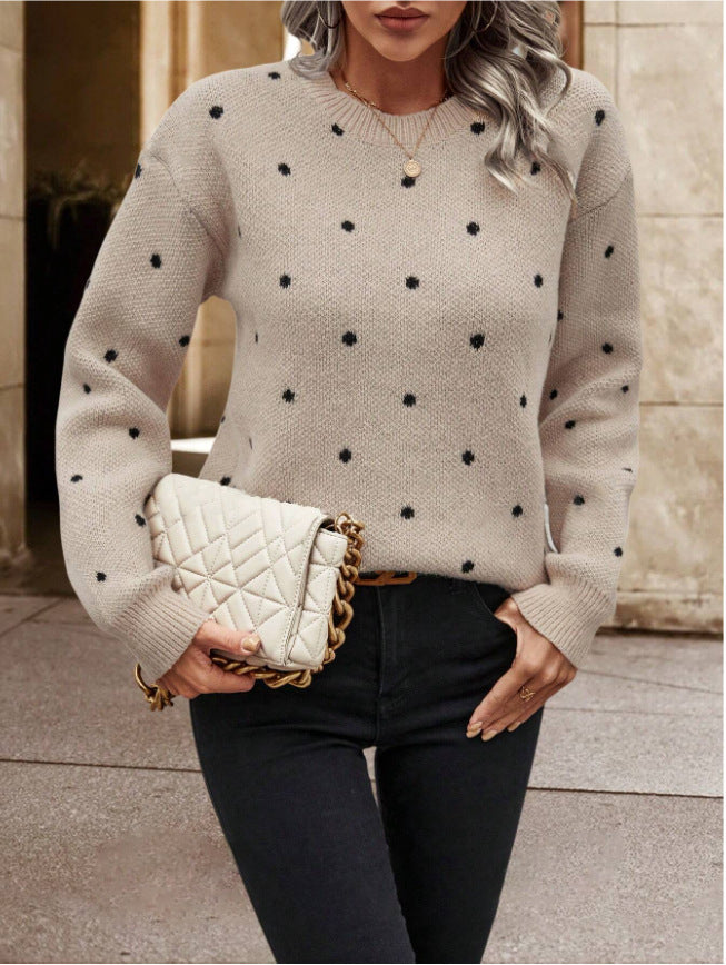 Pull-Over à Manches Longues en Jacquard à Pois – Col Rond Tendance