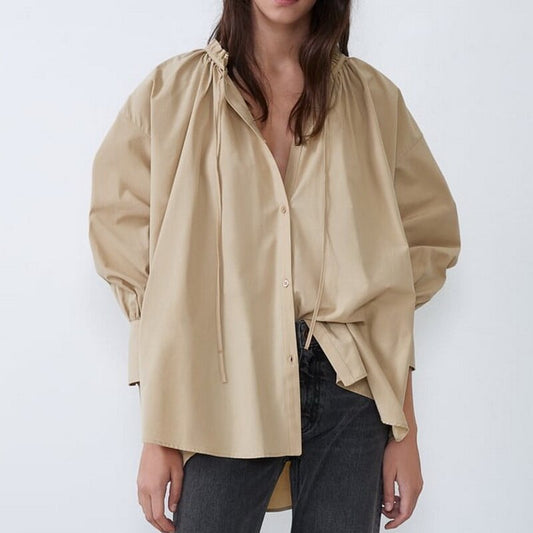 Femmes chemise longue en vrac automne nouvelle mode à lacets à volants col à manches longues moderne dame chemises larges