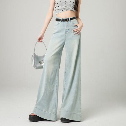 Dark Blue Narrow Version Korean Simple High Waist Loose Small Mop Wide Leg Pants