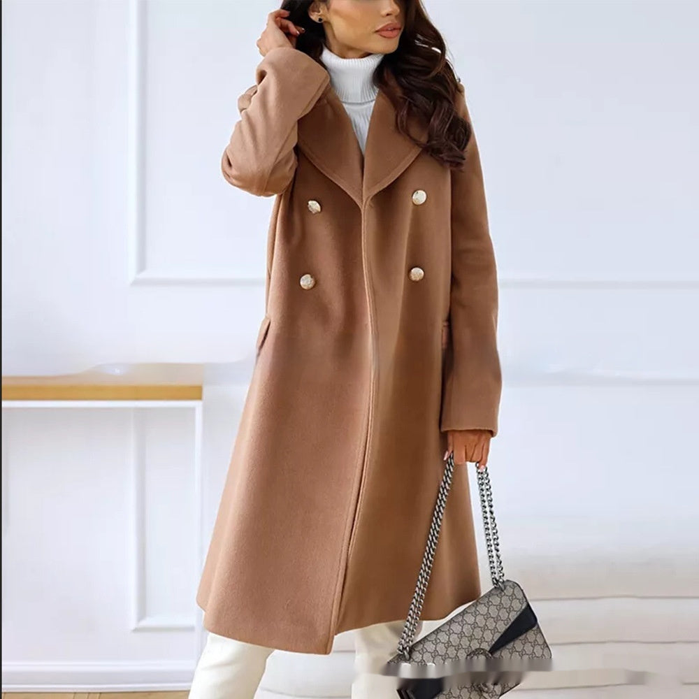 Manteau en laine simple à double boutonnage pour femme