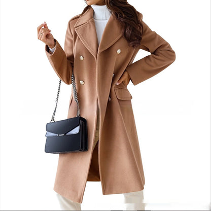 Manteau en laine simple à double boutonnage pour femme