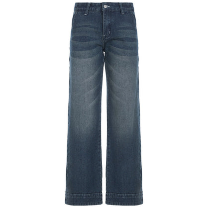 Women's Low Waist Washed Wear-white Blue Jeans All-matching Straight
