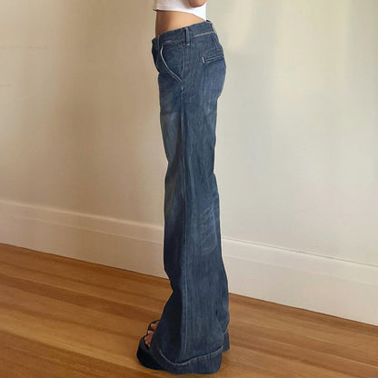 Women's Low Waist Washed Wear-white Blue Jeans All-matching Straight