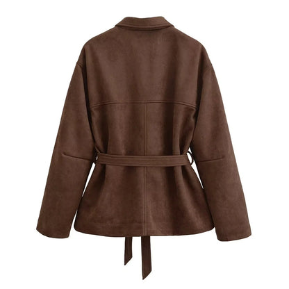 Loose Casual Polo Collar Long Sleeve With Belt Suede Shirt Jacket