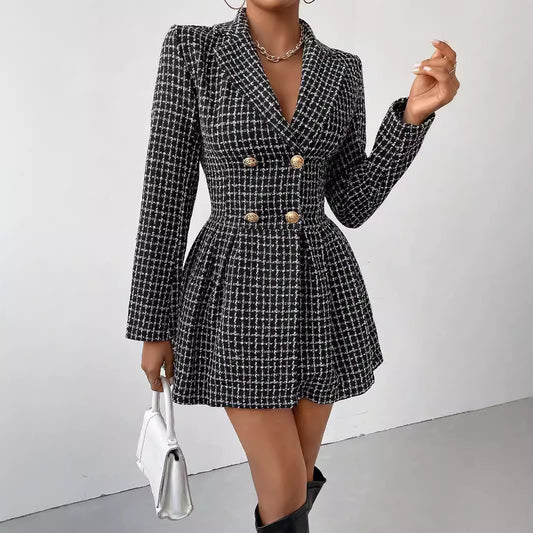 Manteau Jupe à Carreaux Élégant – Col V, Manches Longues, Style Travail