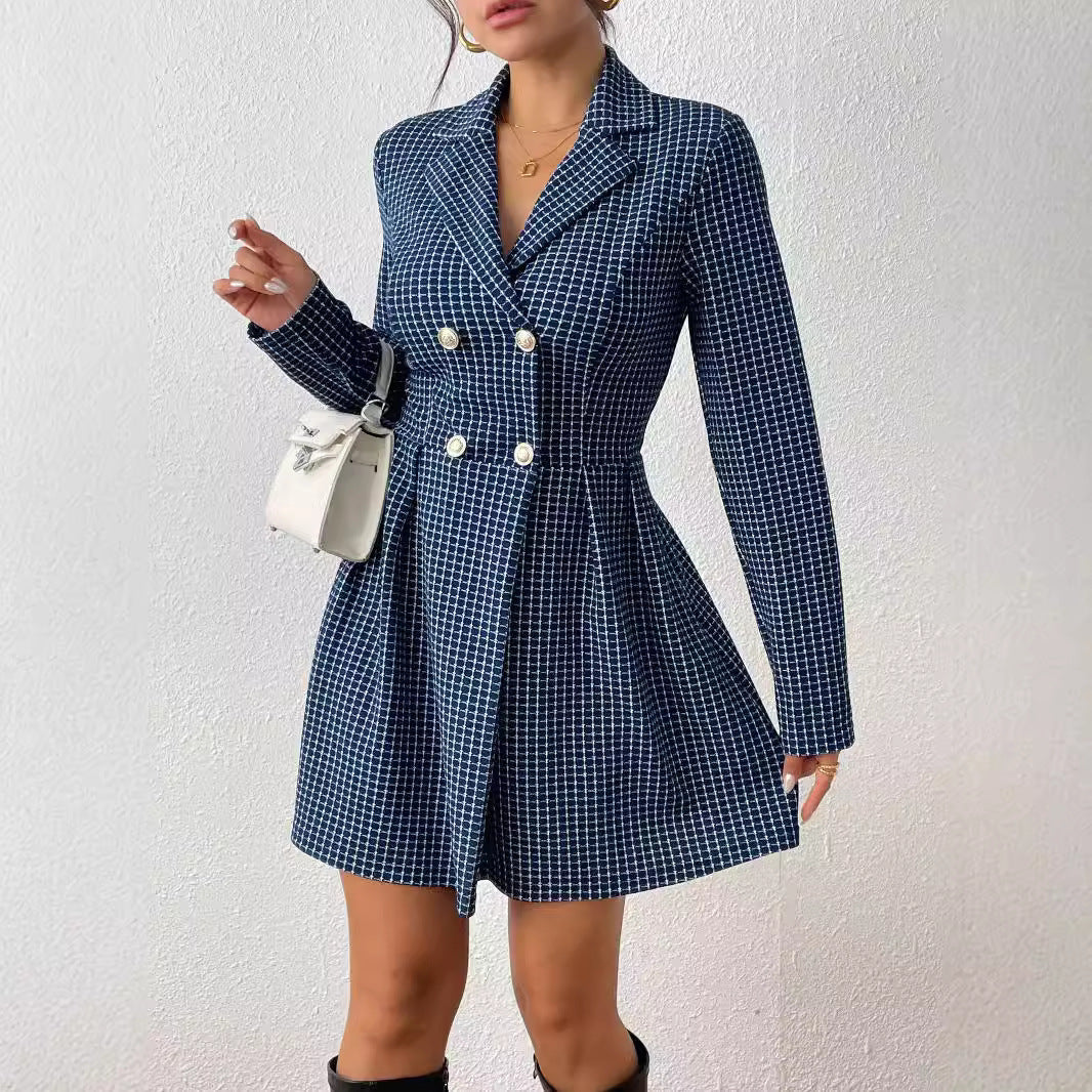 Manteau Jupe à Carreaux Élégant – Col V, Manches Longues, Style Travail