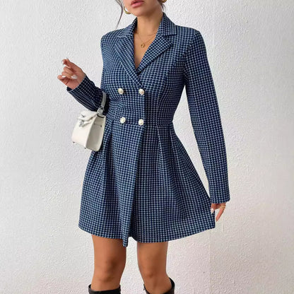 Manteau Jupe à Carreaux Élégant – Col V, Manches Longues, Style Travail