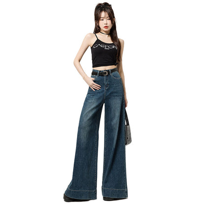 Dark Blue Narrow Version Korean Simple High Waist Loose Small Mop Wide Leg Pants