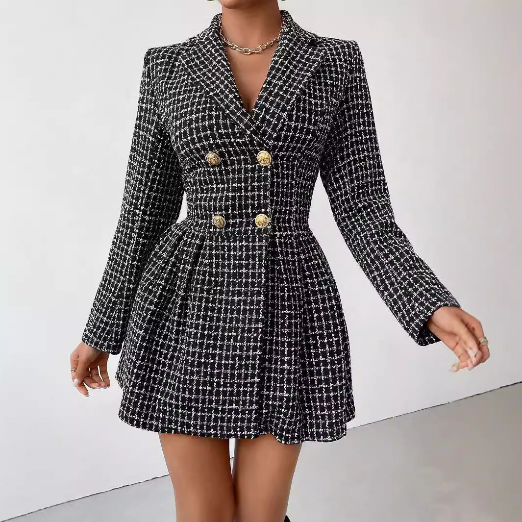 Manteau Jupe à Carreaux Élégant – Col V, Manches Longues, Style Travail