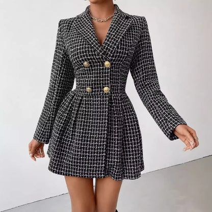 Manteau Jupe à Carreaux Élégant – Col V, Manches Longues, Style Travail