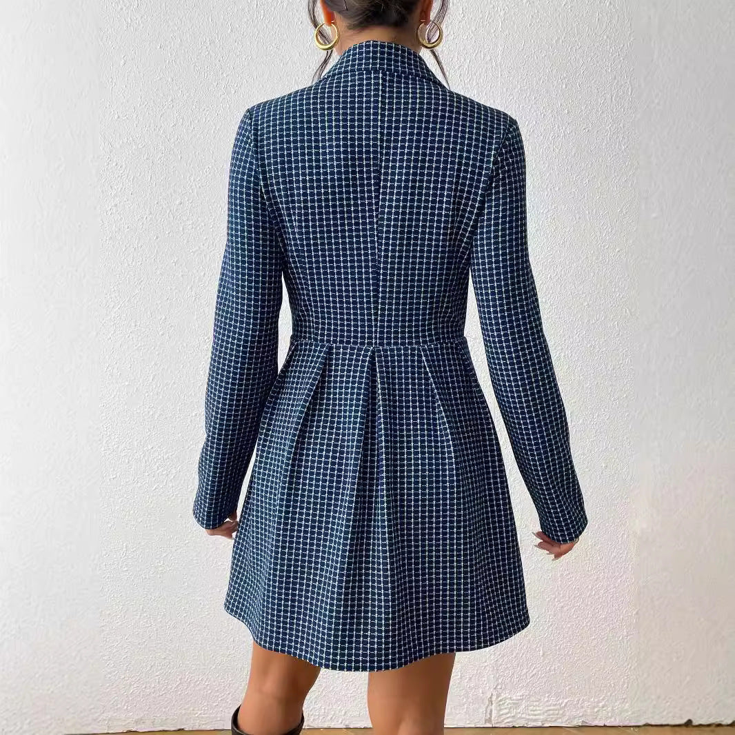 Manteau Jupe à Carreaux Élégant – Col V, Manches Longues, Style Travail